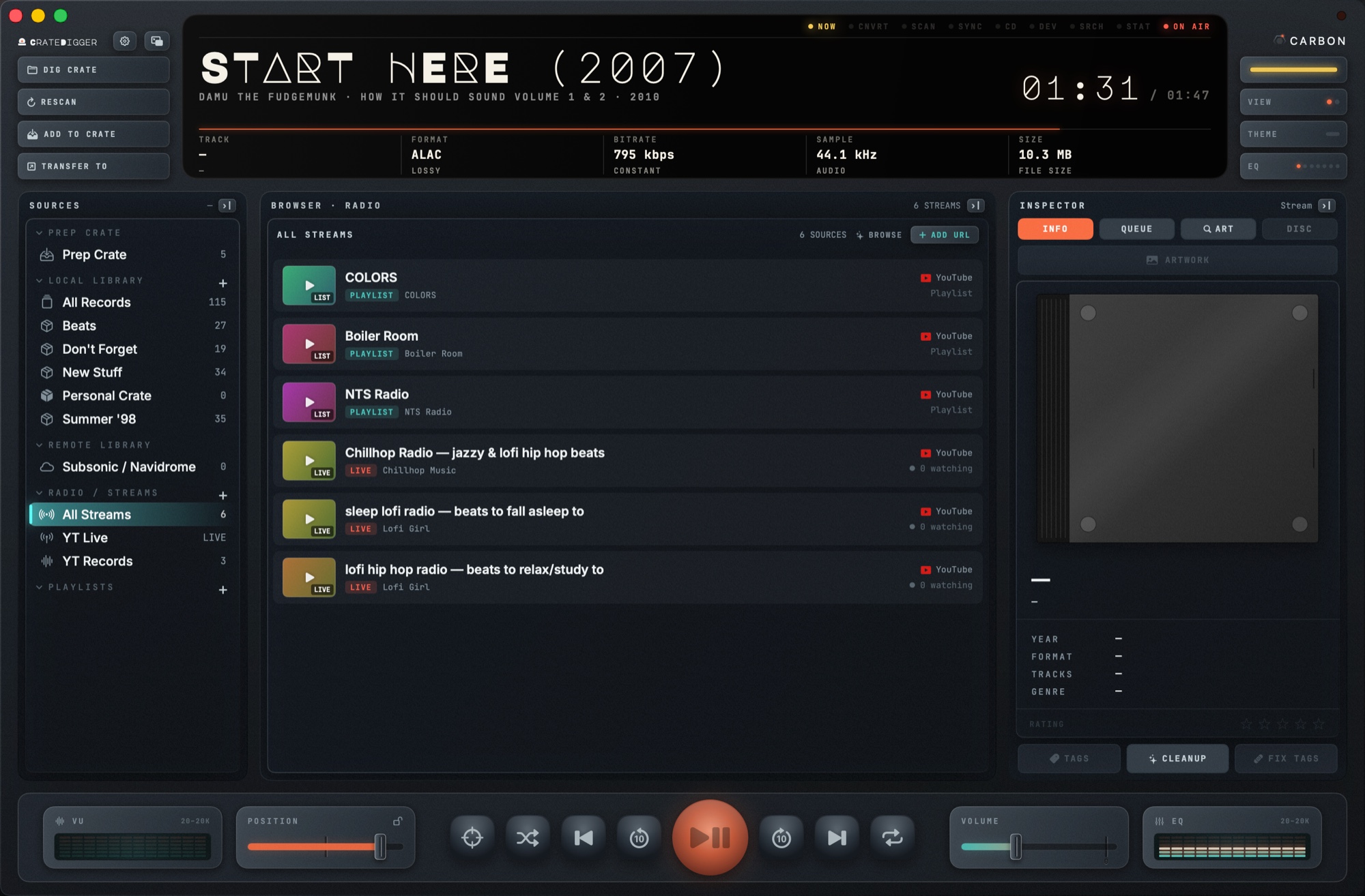 CrateDigger Radio streaming a YouTube source