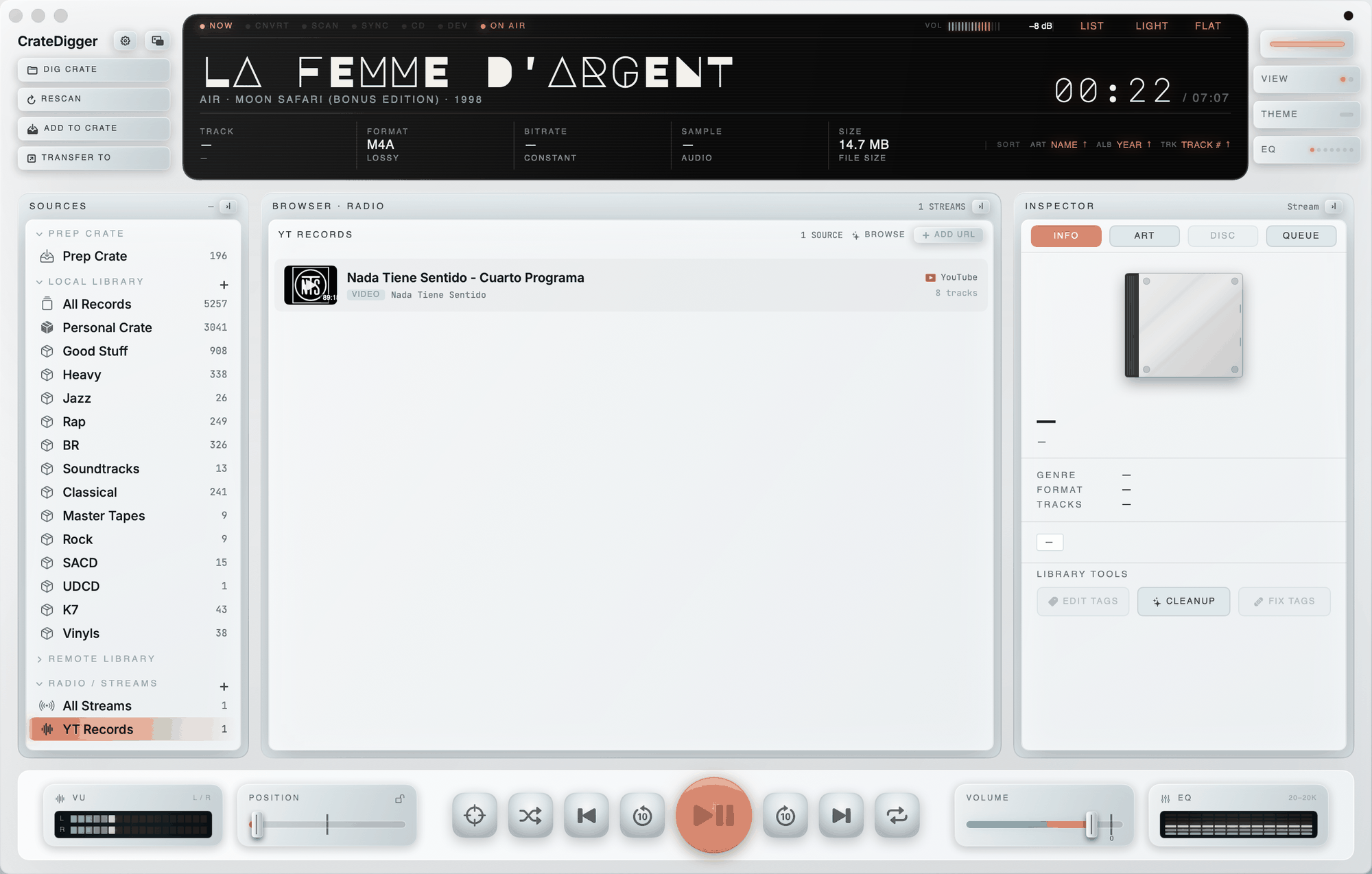 CrateDigger Radio streaming a YouTube source