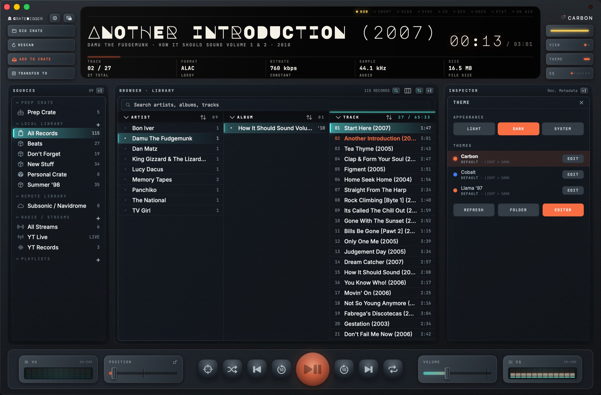 CrateDigger theme picker in the Inspector, Carbon light